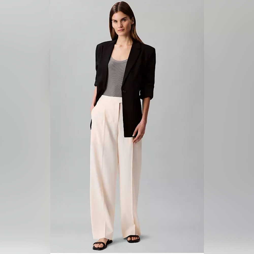 Calvin Klein Cream Pleated Straight-leg Soft Crepe Trousers Dress Pants Sz-6